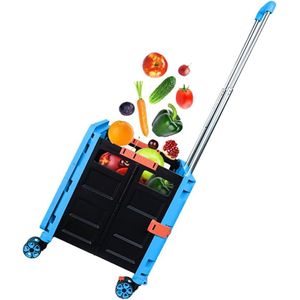 Boodschappentrolley, opvouwbare supermarkt trolley, met 4 regenbestendige wielen en een grote capaciteit van 25kg, hoofdtas 50L, thermische tas 10L en achterzak - Kleur: Blauw