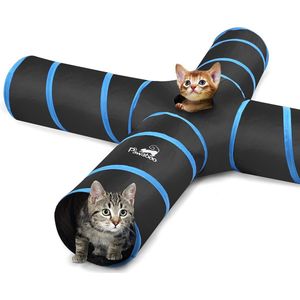 Kattentunnel, premium 4-weg tunnel uitbreidbaar opvouwbaar kattenspeelgoed doolhof offset tunnel kattenspeelgoed met pompon en bellen voor kittens konijnen, zwart en lichtblauw