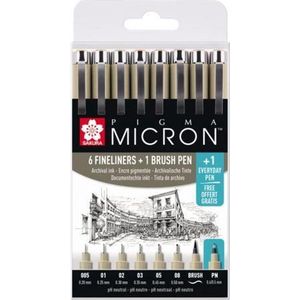 Sakura Pigma Micron Etui Promotieset met 7 fineliners Zwart + 1 gratis Pigma Micron PN