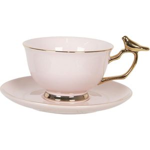 Clayre & Eef Kop en schotel 200 ml Roze Porselein Rond Vogel Servies Cadeau voor haar Cappuccino