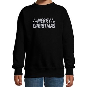 Merry Christmas Kerst sweater / trui - zwart met zilveren glitter bedrukking - kinderen - Kerst sweater / Kerst outfit 152/164