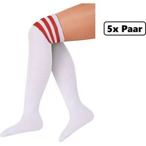 5x Paar Lange sokken wit met rode strepen - maat 36-41 - Lieskousen - kniekousen overknee kousen sportsokken cheerleader carnaval voetbal hockey unisex festival