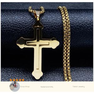 RVS Ketting Hanger JESUS CROSS - Gouden Kleur, Trendy Unisex Sieraad, 60cm Schakelketting, Feest & Jubileum Gift, Mode Accessoire voor Mannen & Vrouwen, Christelijke Religieuze Lijn