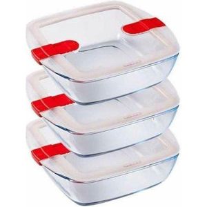 Pyrex - Cook & Heat - Vierkante Schaal Met Magnetronbestendige Deksel - 1,1 liter - Glas - Set van 3 Stuks