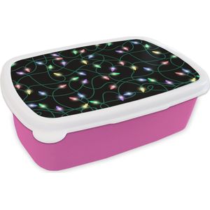 Broodtrommel Roze - Lunchbox - Brooddoos - Lichtsnoer - Kerstmis - Pastel - Patronen - 18x12x6 cm - Kinderen - Meisje