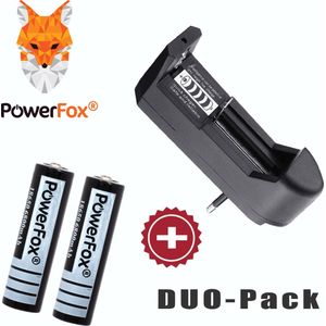 PowerFox® 2x 18650 Lithium batterij 3,7V 6800mAh + OPLADER (Geschikt voor 18650, 16340, 14500, 10440, 14500) batterijen.