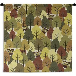 Wandkleed Bossen en bomen illustratie - Een illustratie van een herfstachtig bos met uilen Wandkleed katoen 120x120 cm - Wandtapijt met foto