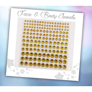 Face & Body Jewels (165 Diamantjes Goud) [Dots Strass Steentjes met Zelfklevend Plaklaag - Sticker Diamantjes voor Lichaam en Gezicht - Festival Tattoo Set Outfit Glitter - Juwelen Rhinestones Rhine stones - Plak Diamantjes]