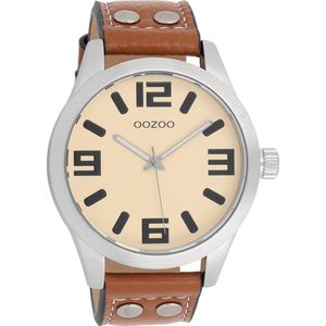 OOZOO Timepieces - Zilverkleurige horloge met bruine leren band - C1052