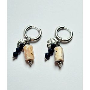 Oorringen met edelsteen hanger - Gepolijste Roze Opaal - Facet blauwe Saffier - Handgemaakt - Premium Stainless Steel - zilverkleurig