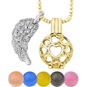 Quiges Engelenroeper Bolhouder met Ketting 70cm en 5 Bolletjes - Dames - Goudkleurig Hartjes - EBSET12028