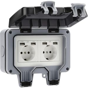 Buitenstopcontact met USB-aansluiting - IP66 weerbestendig - tuinstopcontact opbouw - geaard contact - binnen en buiten met klapdeksel