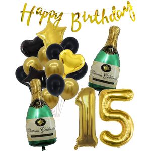15 Jaar Verjaardag Cijferballon 15 - Feestpakket Snoes Ballonnen Pop The Bottles - Zwart Goud Groen Versiering