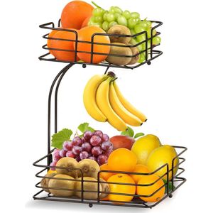 Fruitmand met 2 etages met bananenhouder, keuken, fruitschaal van metaal, afneembaar, staand, modern, decoratief groentemand, fruitmand (brons)