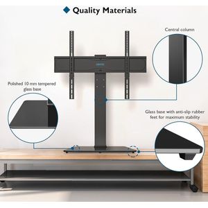 Universele Draaibare Tafelblad TV voet Standaard voor 42–86'' LED OLED LCD Schermen, Hoogte Verstelbare Tafelblad TV Standaard met Gehard Glas voet, tot 50kg, Max VESA 800x600mm