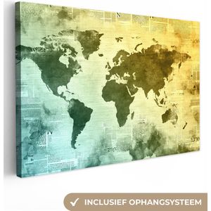 Canvas Wereldkaart - 60x40 - Wanddecoratie Wereldkaart - Blauw - Geel