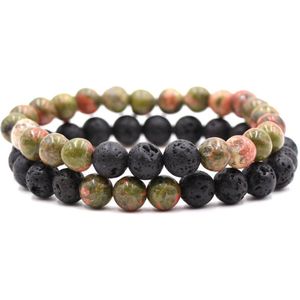 Bixorp Gems Dubbele Natuursteen Armband voor Man & Vrouw - Groen-Oranje/Zwart contrast - Edelsteen Armband Cadeau - Lavasteen - 22cm