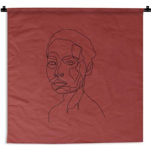 Wandkleed Line-art Vrouwengezicht - 15 - Illustratie kortharige vrouw op een rode achtergrond Wandkleed katoen 150x150 cm - Wandtapijt met foto