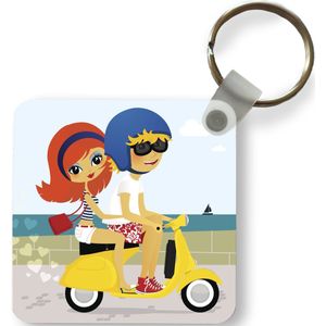 Sleutelhanger - Uitdeelcadeautjes - Illustratie van twee mensen op een Vespa scooter - Plastic