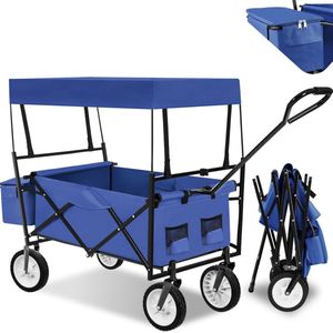 Tectake® - Bolderkar Transportkar Bolderwagen Strandkar + Draagtas en Dak - Opvouwbaar - Blauw