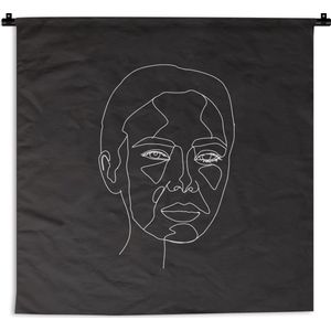 Wandkleed Line-art Vrouwengezicht - 16 - Illustratie voorkant vrouwengezicht op een zwarte achtergrond Wandkleed katoen 90x90 cm - Wandtapijt met foto