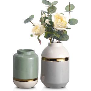 Moderne keramische vaas in lichtgrijs/lichtgroen, set van 2 vazen ​​voor eucalyptus/bloemen, vergulde geglazuurde bloemenvazen ​​voor huis, woonkamer, slaapkamer en schoorsteenmantel, 15,5/19 cm