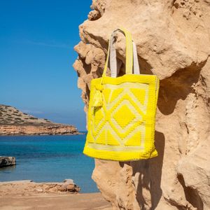 Bohemida Ibiza Bag XL - Mom bag- Boho Sunny Yellow - Grote Strandtas / Weekendtas /Schoudertas - Katoen & Wol - Afsluitbaar