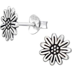 Joy|S - Zilveren bloem oorbellen - 8 mm - zonnebloem - geoxideerd