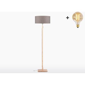 Vloerlamp – FUJI – Bamboe Voetstuk (h. 167cm) - Donker Linnen Kap - Met LED-lamp