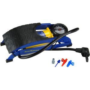 Premium voetpomp met enkele cilinder manometer tot 7 bar - antislip treeplaat - Goodyear dubbele kopadapter - zwart blauw geel rugsteun
