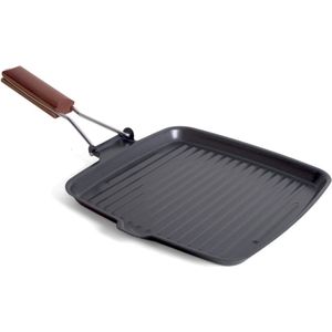 Zwarte grillpan 26 cm met anti-aanbak laag en houten handvat - Grillpannen - Koekenpannen - grillrooster