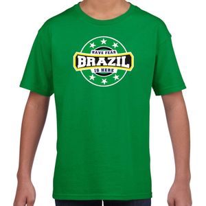 Have fear Brazil is here t-shirt met sterren embleem in de kleuren van de Braziliaanse vlag - groen - kids - Brazilie supporter / Braziliaans elftal fan shirt / EK / WK / kleding 134/140