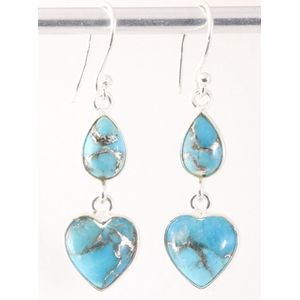 Zilveren hartjes oorbellen met blauwe koperturkoois