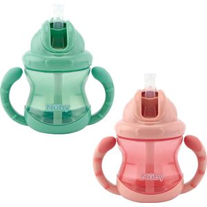 Nûby - Flip-It antilekbeker met handvatten - 2-pack - Roze & Groen - 240ml - 12m+