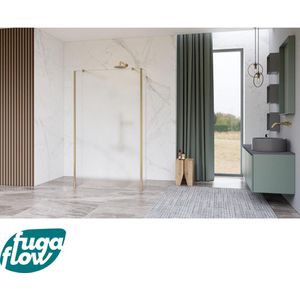 FugaFlow Eccelente Vetro Vrijstaande inloopdouche badkamer - 90x200cm - Glas mat - antikalk - 8mm veiligheidsglas - 2 zijwanden 30cm - met wandarmen en hoekprofielen - Messing geborsteld (goud) -