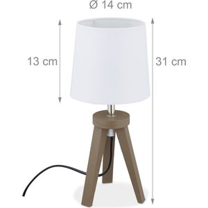 Relaxdays tafellamp driepoot - nachtlampje - hout & stof - woonkamerlamp - e14- wit/bruin