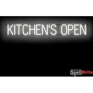 KITCHEN'S OPEN - Lichtreclame Neon LED bord verlicht | SpellBrite | 118 x 16 cm | 6 Dimstanden - 8 Lichtanimaties | Reclamebord neon verlichting