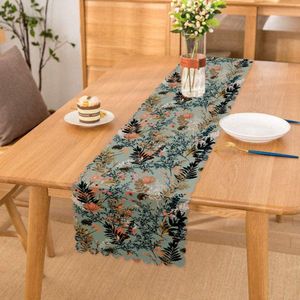 Bedrukt Velvet Textiel Tafelloper 45x220 - Bloemen op licht blauw - Fluweel - Runner