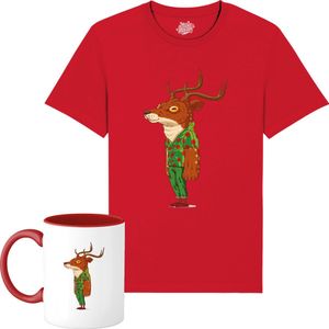 Kris het Kerst Hert - Foute Kersttrui Kerstcadeau - Dames / Heren / Unisex Kleding - Grappige Kerst Avond Outfit - Unisex T-Shirt met mok - Rood - Maat L