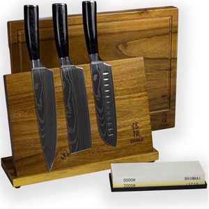 Shinrai Japan 3-delige Messenset Epoxy Onyx Damascus Print - Japanse Messen met Messenhouder, Slijpsteen en Snijplank - Compleet en Luxe Messenset voor Elke Keuken