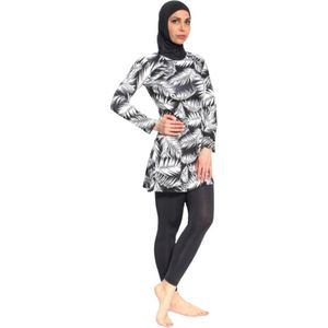 Burkini Islamitisch Zwempak- 4-delig Boerkini Hijab Badpak- Moslima Zwempak- Islamitishe Badmode- Vrouwen Badkleding Set 164 - Zwart/Wit print - Maat 52