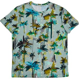 Heren / Mannen korte mouw T-shirt | Wit | Blauw | Palm Plant Paint Print | Maat XL