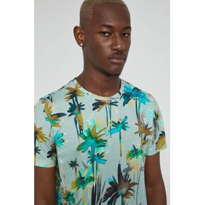 Heren / Mannen korte mouw T-shirt | Wit | Blauw | Palm Plant Paint Print | Maat XXL