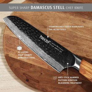 Damascus Mes Santoku Mes - Koksmes 18CM, Ultra Scherp Japans Mes, Professioneel Keukenmes Scherp Vleesmes - 67 Lagen Damascus Staal
