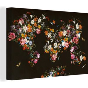 Wanddecoratie Wereldkaart - Bloemen - Vlinder - Zwart - Canvas - 90x60 cm