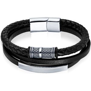 Mendes multi armband leer RVS Kraal Zwart Zilverkleurig-20.5cm