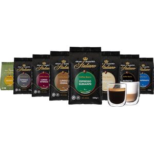 Koffiebonen Proefpakket - Gran Maestro Italiano - koffiebonenpakket - 8 x 250g - Met Dubbelwandige Glazen (260ml)