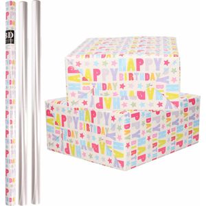 8x Rollen kraft inpakpapier happy birthday pakket - transparante folie 200 x 70 cm - cadeau/verzendpapier/cellofaan