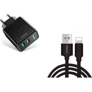 DrPhone Kevlar Pro® - 3 Meter TPE Lightning Apple Kabel + 2 Poorten Thuislader - Voor Apple iPhone / iPad en iPod - Zwart