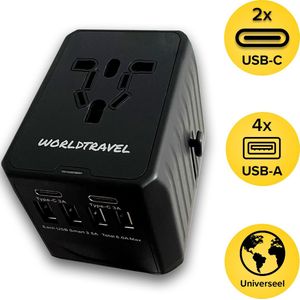 WorldTravel Universele Wereldstekker met 2 USB-C en 4 USB Poorten - 2000 Watt Internationale Reisstekker voor 150+ landen - Zwart